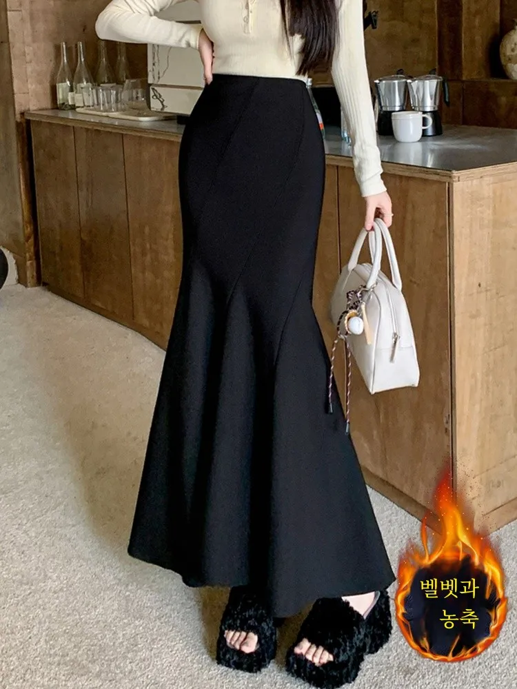 Fleece-lined Thickened Suit Fishtail Skirt Women's Autumn and Winter High Waist Slimming Drape Frill A Word Sheath Long dress