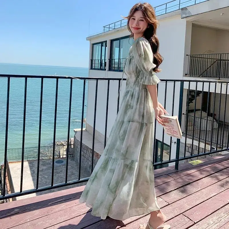 Robe à fleurs Vintage pour femmes, élégante, en mousseline de soie, robe de soirée coréenne, manches bouffantes, col en V, mi-longue, robes d'automne pour femmes, 2025