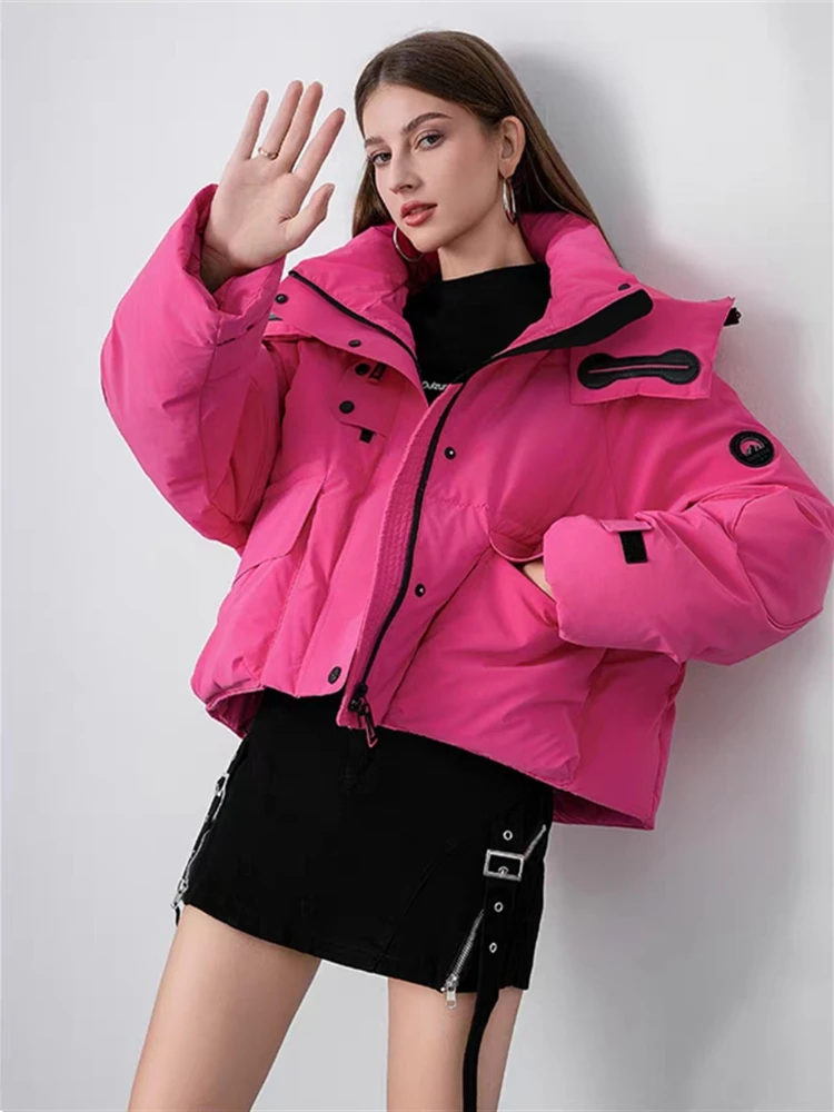 Winter Short Down Jacket Women New Fashion Y2k Hooded Large Pocket Stitching Parkas Loose Street White Duck Puffer Coat Outwear