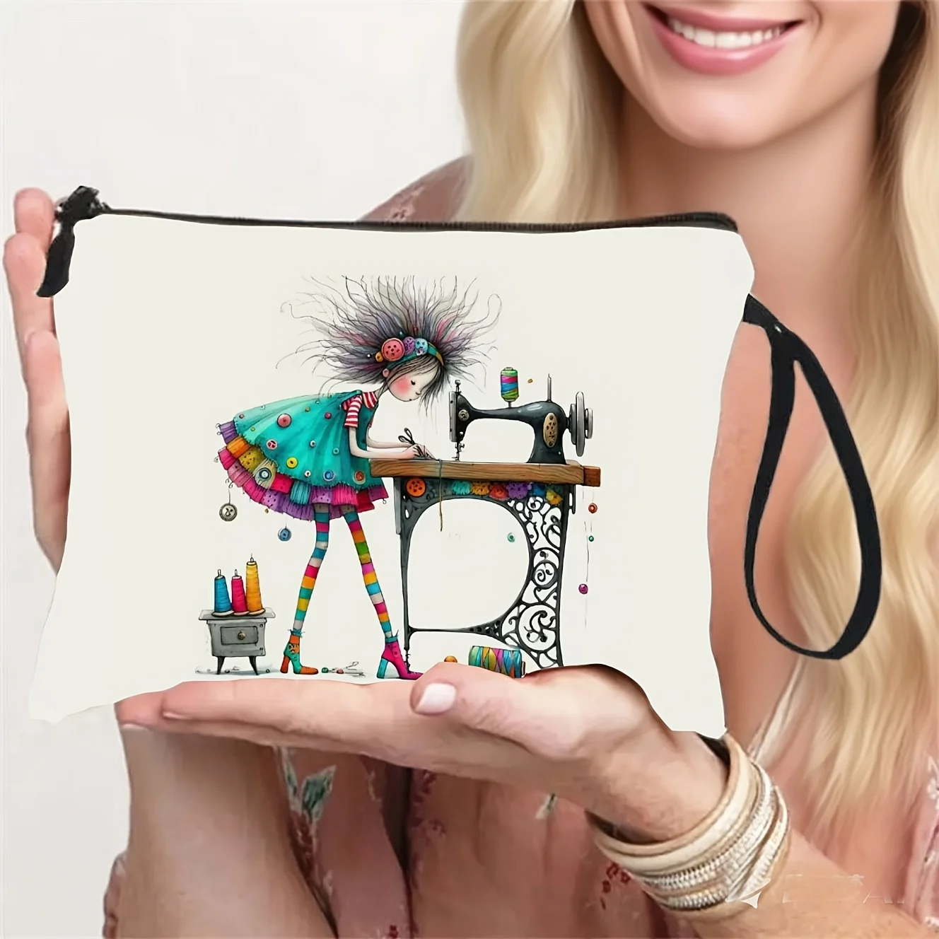 Whimsical Creative Cartoon-Style Makeup Bag let Toiletry Pouch Coin Purse Pencil Case - Girl Working at a Sewing Machine
