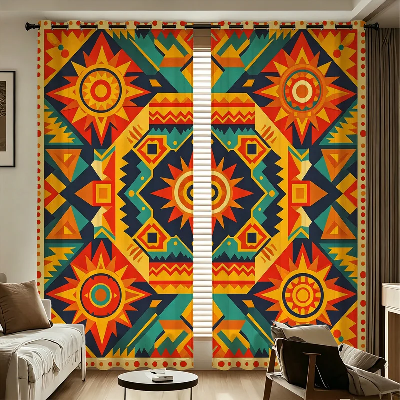 2Pcs Microfiber Curtain Set,Machine Washable,Easy Hanging & Installation,85% Light Blocking,Boho Geometric Sunburst Pattern