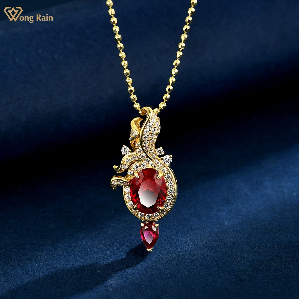 

Wong Rain Vintage Solid 925 Sterling Silver Oval Cut 8*10 MM 4 CT Ruby High Carbon Diamonds Gems Pendant Necklace Fine Jewelry