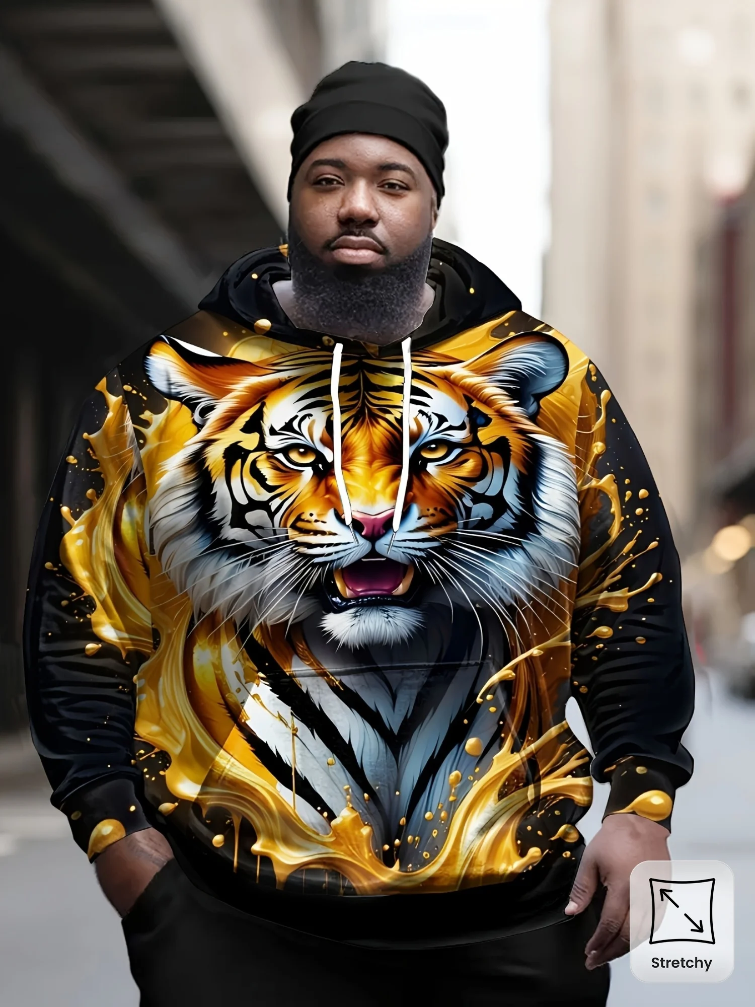 Solid Black Tiger Hoodie Men Front Gold Liquid Splash Tiger Face Animal Print Drawstring Loose Basic Hooded Sweat Top