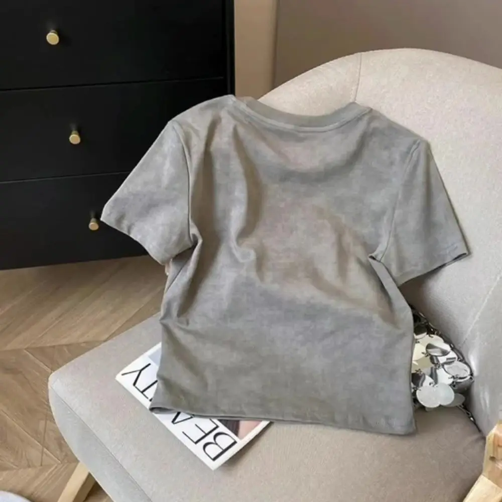 Summer New Women's Grey Short Sleeve T-Shirt Diamond Patch Korean Chic O-Neck Slim Fit Shoulder Female Versatile Tops