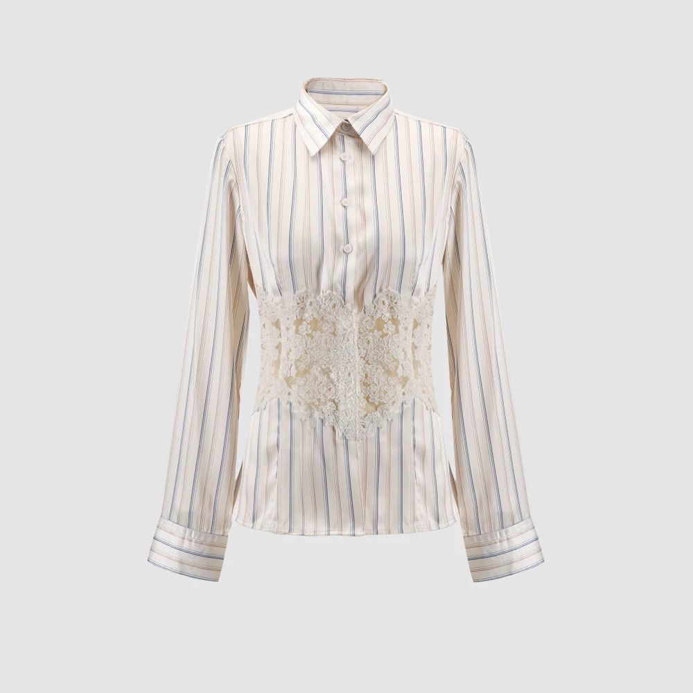 

Cotton-Blend Striped Women's Shirt Y2K Lace-Patchwork Herringbone Waist-Defining Slim-Fit Elegant Commuter Blouse Fall 2025 New