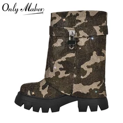 Onlymaker Women Round Toe Fold Over Camouflage Rhinestone Trim Boots Side Zipper Female  Mid-Calf Boots