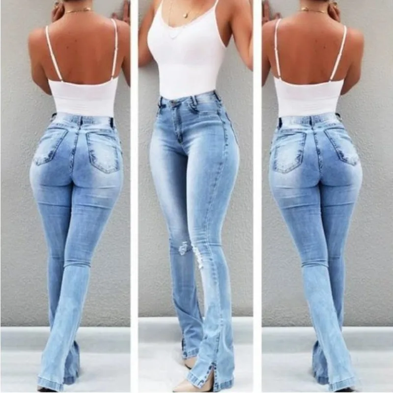 Women Casual Flared Jeans Fashion Sexy Skinny Split Leg Open Streetwear Fray Hole Stretch High Waist Blue Washing Denim Pants