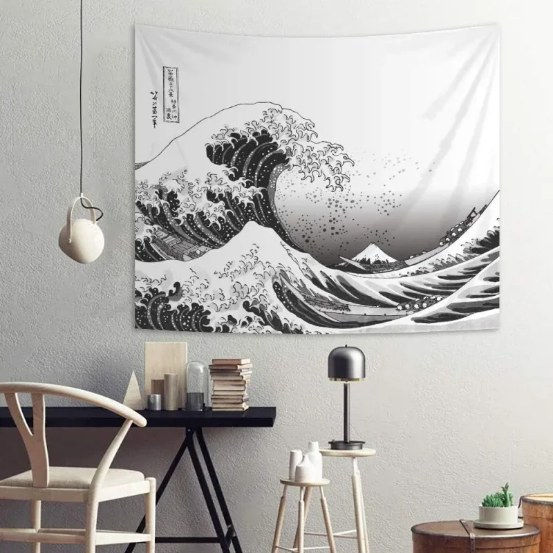VIKAMA The Great Wave off Kanagawa Black & White Tapestry Japanese Ukiyo-e Art Wall Hanging for Living Room Bedroom Study Decor