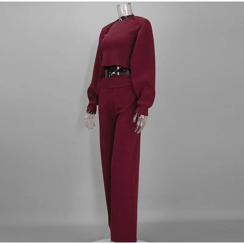 Damen Strick-3-Teiler-Set: O-Ausschnitt, ärmelloses Crop-Top, Langarm-Mantel, weit geschnittene Hose, Herbstmode, neue Strickwaren für Damen – Detail 13