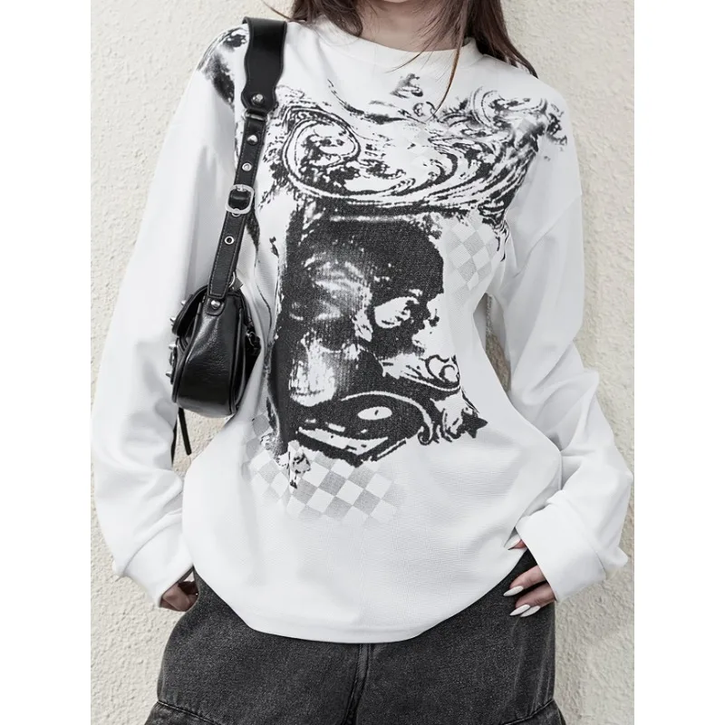 2026 Y2K Grunge Cyber Mall Goth Thermal T-shirt Skulls Graphic Print Long Sleeve Pullovers Tops Women 90s Vintage Aesthetic Tees