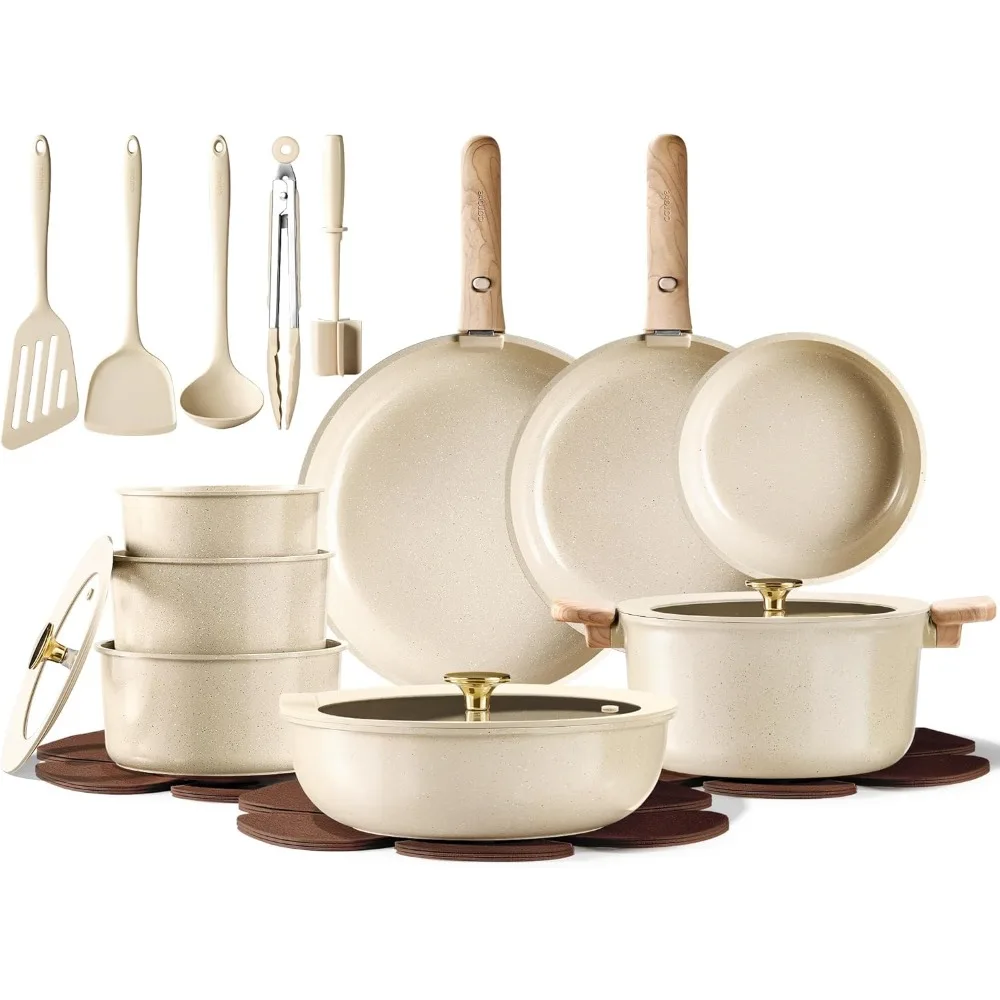 

25pcs Ceramic Cookware Set, Pots and Pans Set Non Stick, Rv Kitchen Cooking Set Removable Handles, Oven Safe, Induction Coolwar
