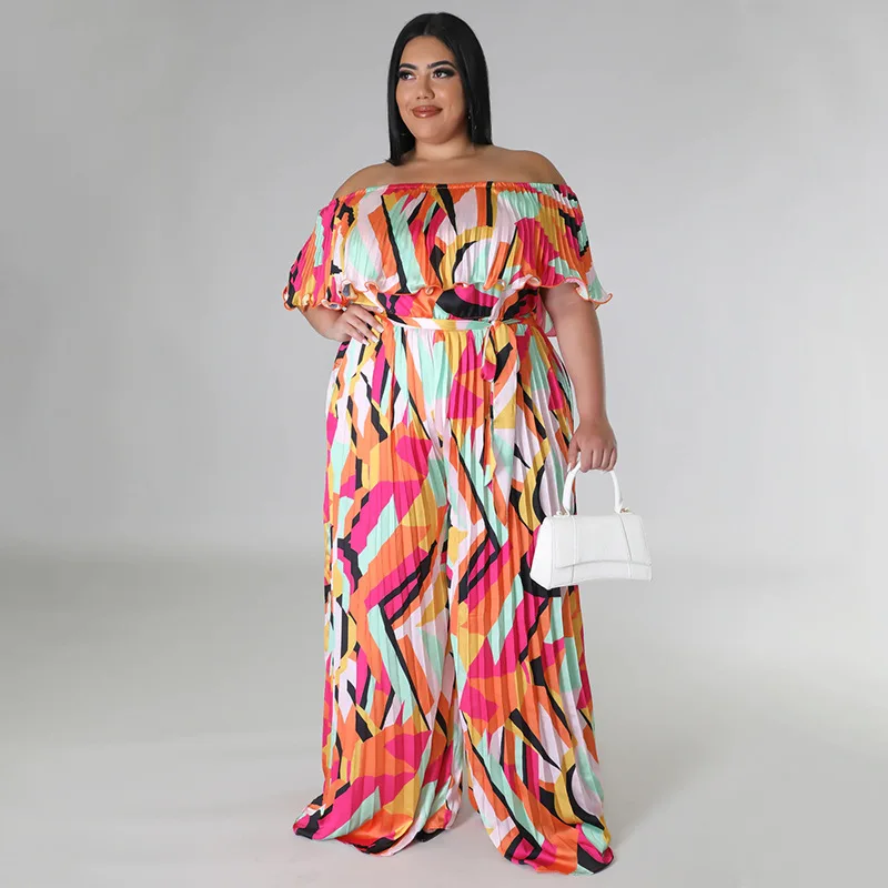 

Plus Size Fashion Printed Jumpsuit Slash Neck Pleated Wide Leg Pants One Piece Summer Women Clothes Oversize Playsuits Bodysuits