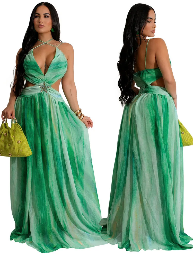 

Lace Up Sleeveless V-Neck Printed Large Swing For Women, Fashionable And Sexy Dress, Long Skirt