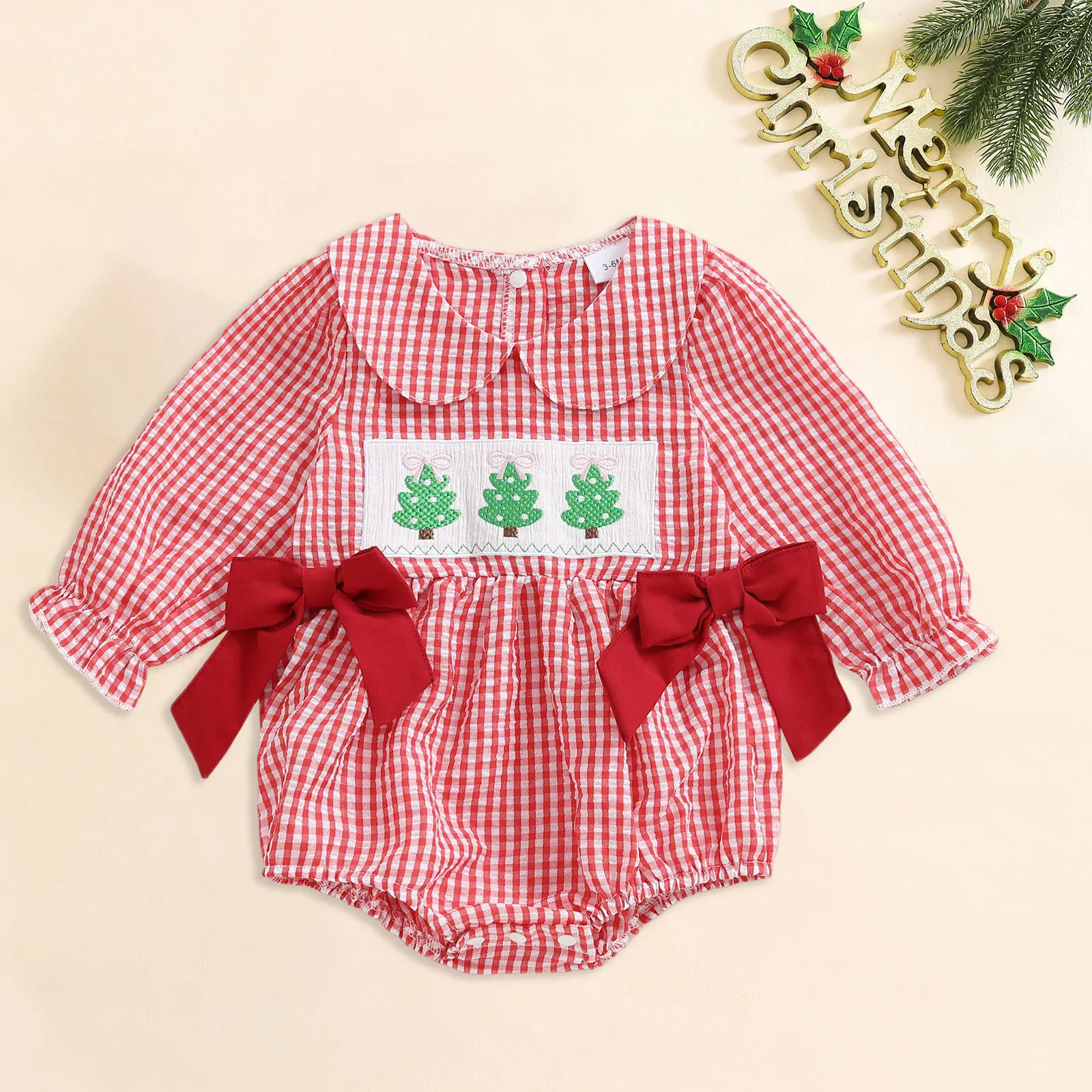 

Baby Girl Christmas Romper Doll Collar Red Gingham Bowknot Christmas Tree Embroidered Triangle Bodysuit Infant Toddler Jumpsuit
