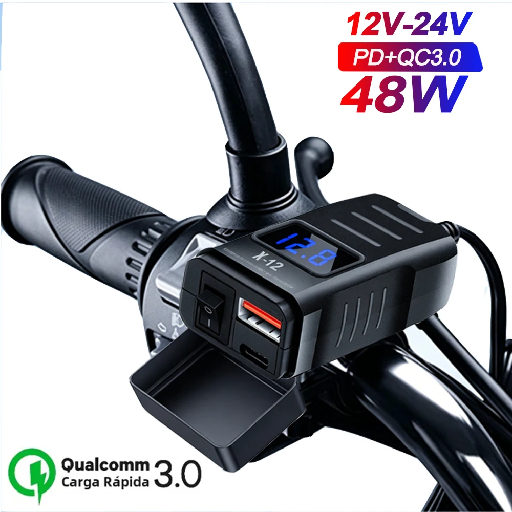 Handlebar Motorcycle Charger Socket PD+QC3.0 Fast Charging Power Adapter USB Type C Dual Port Waterproof With Switch Voltmeter