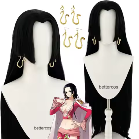 Anime Boa Hancock Cosplay Wig With Earring Long Black Straight Heat Resistant Synthetic Hair Wigs + a wig cap