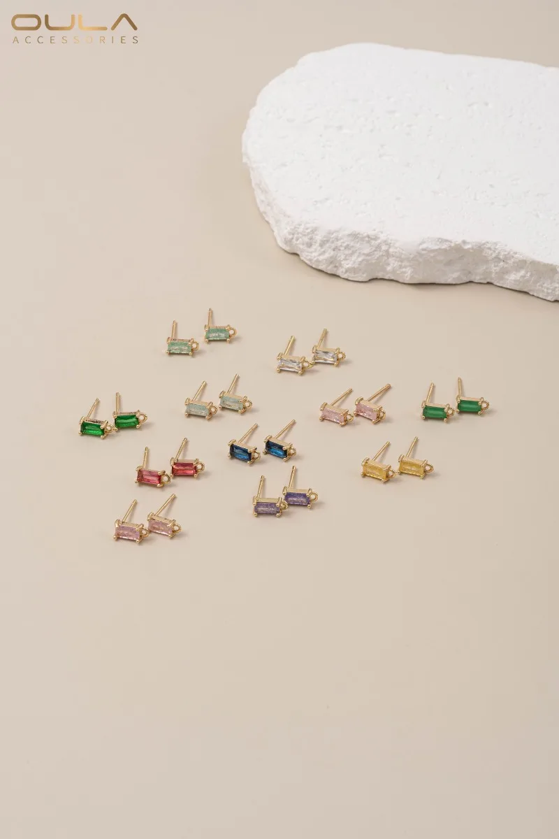 925 Silver Needle Real 14K Gold Inlaid Rectangular Zircon Hanging Ear Studs DIY Handmade Zirconium Ear Stud Accessories