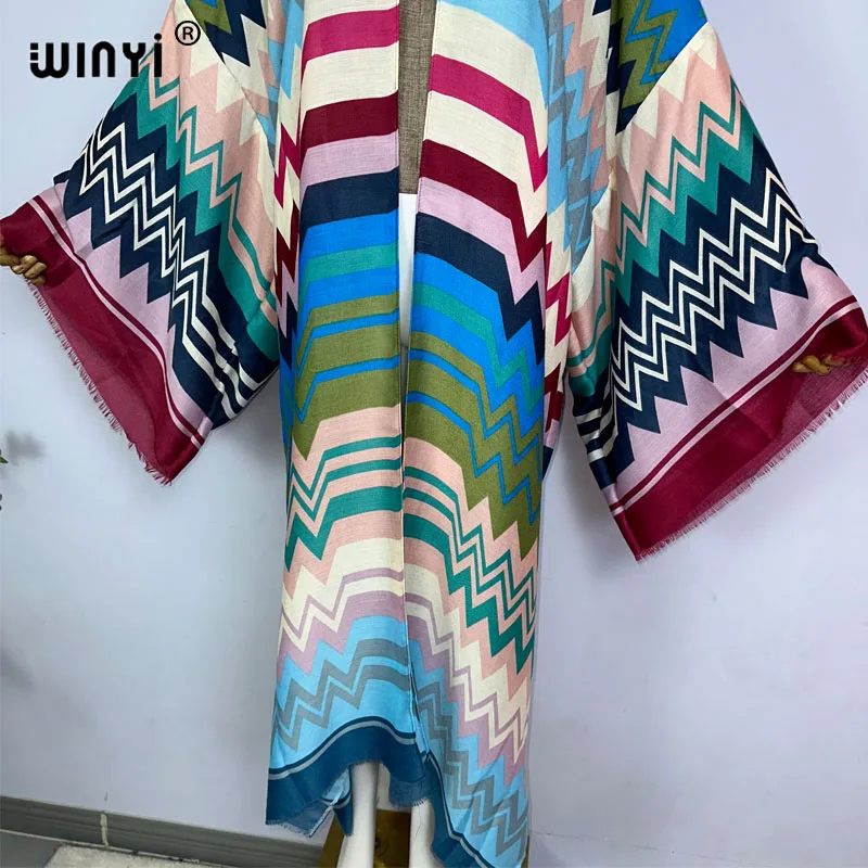 WINYI kimono plaża letnia boho Bikini we wzory elegancka modny kardigan seksowna wakacyjna sukienka z długim rękawem vestidos para playa