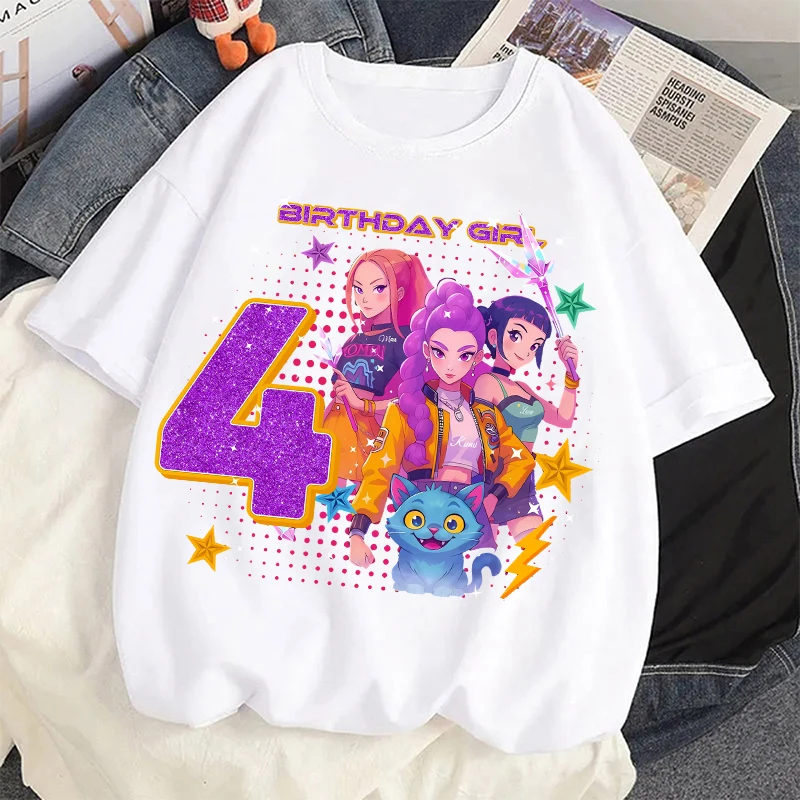 Nueva camiseta K Pop Demon Huntersd para niños, camisetas con estampado de números de cumpleaños de dibujos animados, camisetas de manga corta para niñas, ropa para niños