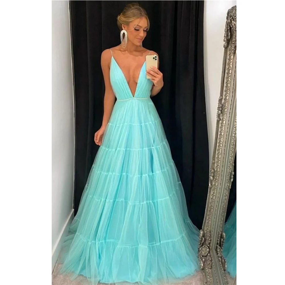 Amanda Spaghetti Strap Prom Dress 2023 Light Blue فستان سهرة Sexy Open Back Vestido De Novia Deep V-neck A-line Prom Gown