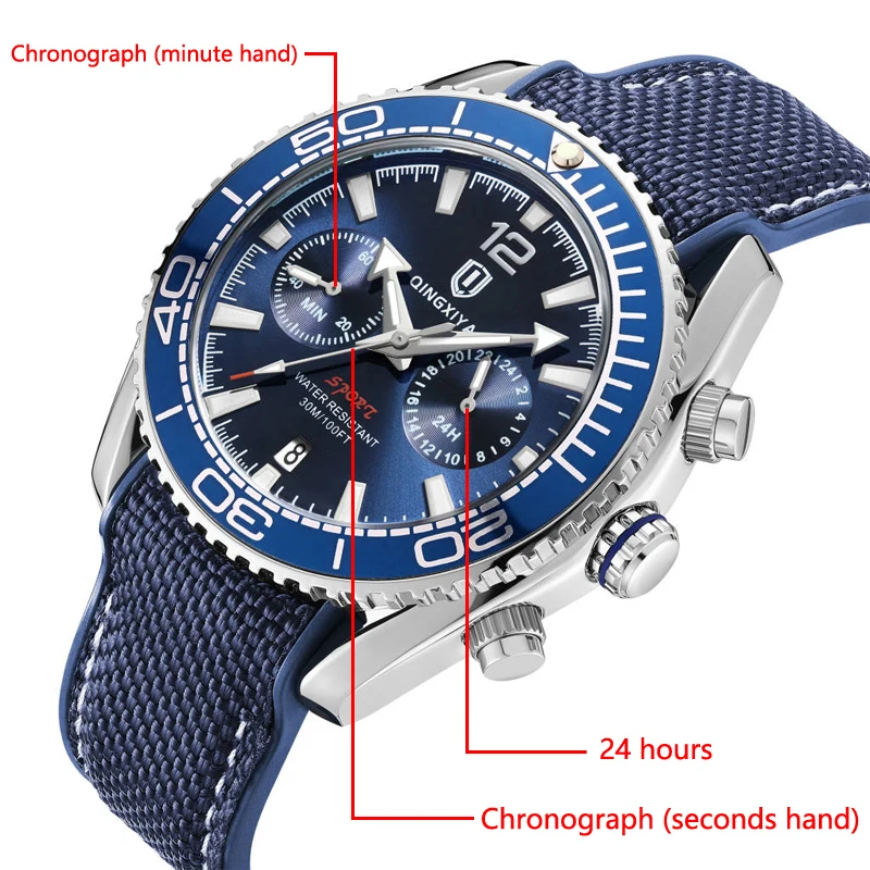 QINGXIYA Fashion Chronograph Quartz Watch Men Silicone Strap Waterproof Calendar 24 Hours Sports Mens Watches Relogio Masculino