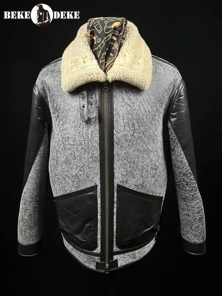 Vintage Winter Mens Real Fur Motorcycle Jacket Mixed Colors Punk Streetwear Thick Warm Genuine Leather Shearling Pilot Coat Male