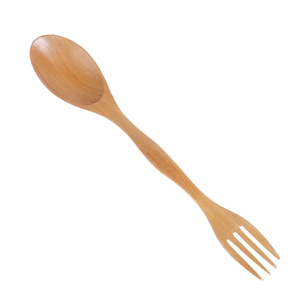 Flatware Tableware Dinner Spoon Fork Dual Head Natural Wood 2 in 1