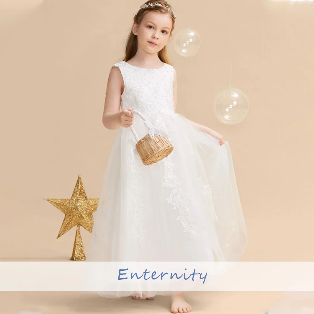 Princesse Enfant A-line Lace Appliques Flower Girl Dress Floor-length Sleeveless Pretty Baby Dresses Zipper Vestidos Para Niñas