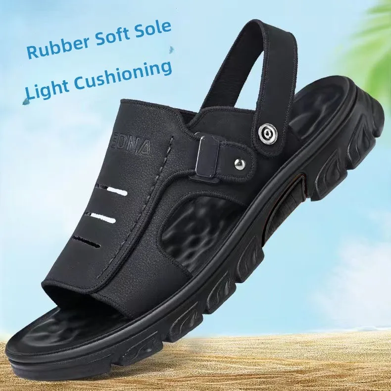 Men's Sandals 2026 Summer New Leather Surface Casual Beach Shoes Thick Bottom Anti-slip Dual-use Middle-aged Dad Slippers