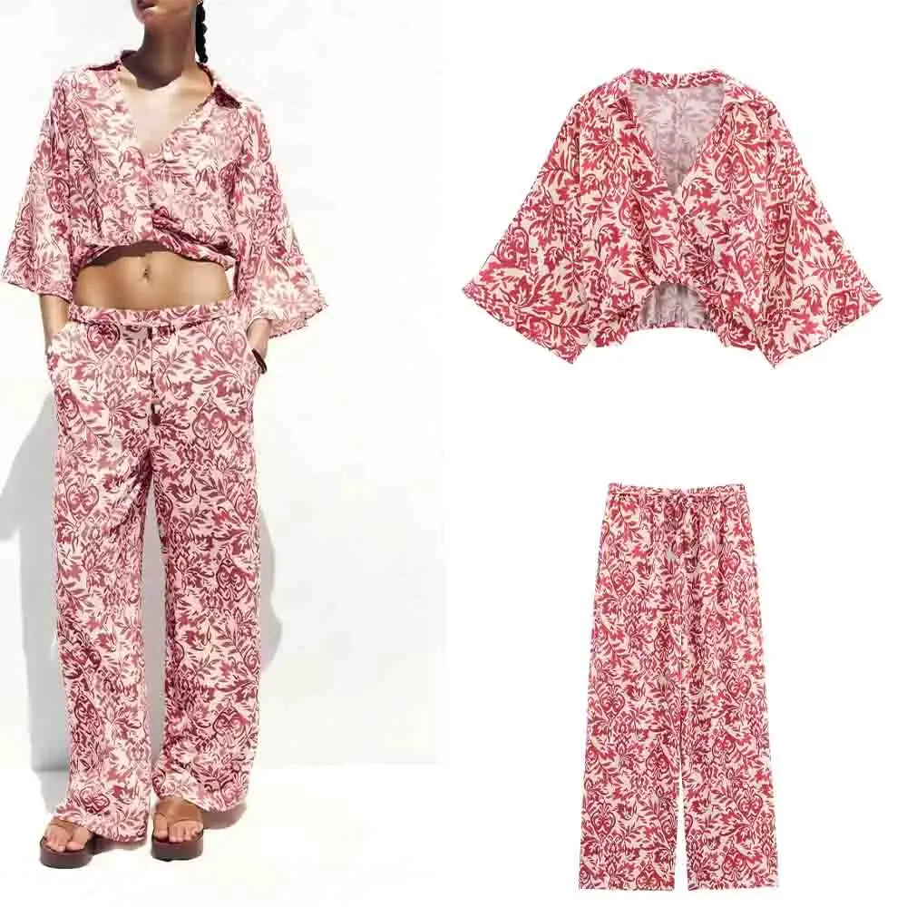 

Women's New fashion knot decoration short vacation style printed top retro long sleeved women's shirt chic top+Pants suit