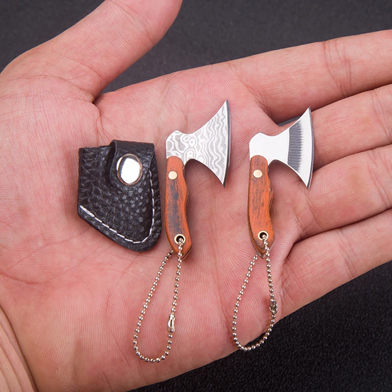 Portable Keychain Ax Knife Pocket Creative Mini Hatchet Knife Stainless Steel EDC Fixed Blade Wood Handle Kitchen Small Knives