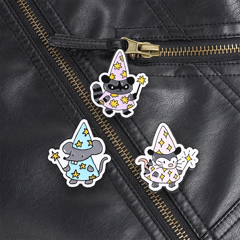Mouse Wizard With Pointy Hat Enamel Pin, Cute Magical Animal Brooch With Wand For Fantasy Lovers And Whimsical Gift Style