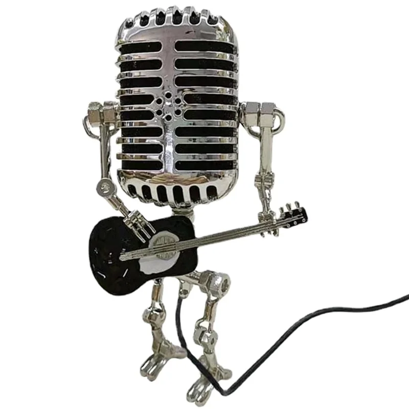 

LICE-Microphone Lamp - Lamp Head Vintage Metal Microphone Robot Desk Lamp Retro Style Household Ornaments Easy Install Black & S
