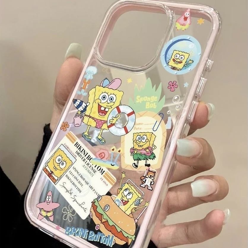 Cute SpongeBob Burger Clear Phone Case 2-in-1 Soft Cover for iPhone 17 16 Pro Max 15 14 13 Shockproof Scratch-Resistant Shell