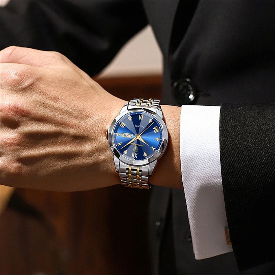 POEDAGAR ساعة يد رجالية فاخرة مقاومة للماء مضيئة تاريخ الأسبوع رجل ساعة سوار فولاذي غير قابل للصدأ ساعات كوارتز رجالية رياضية #6