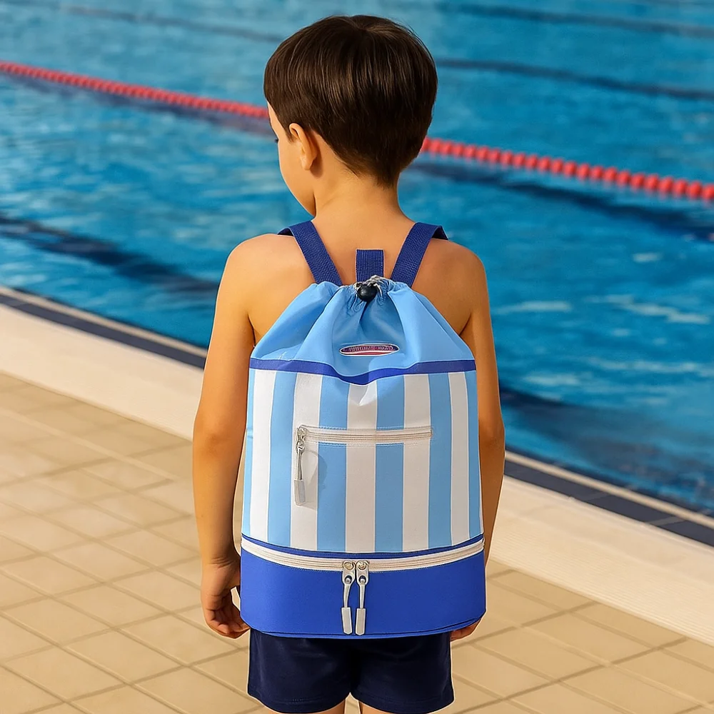 

Dry/Wet Separation Children's Swimming Backpack Lightweight Waterproof Toiletry Storage Bag Large Capacity Striped Beach Bag