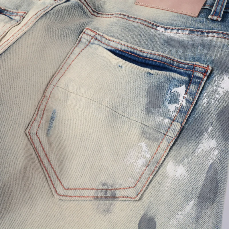 High street fashion new jeans stretch slim fit painted washed blue men's jeans hip-hop brand designer pants hombre