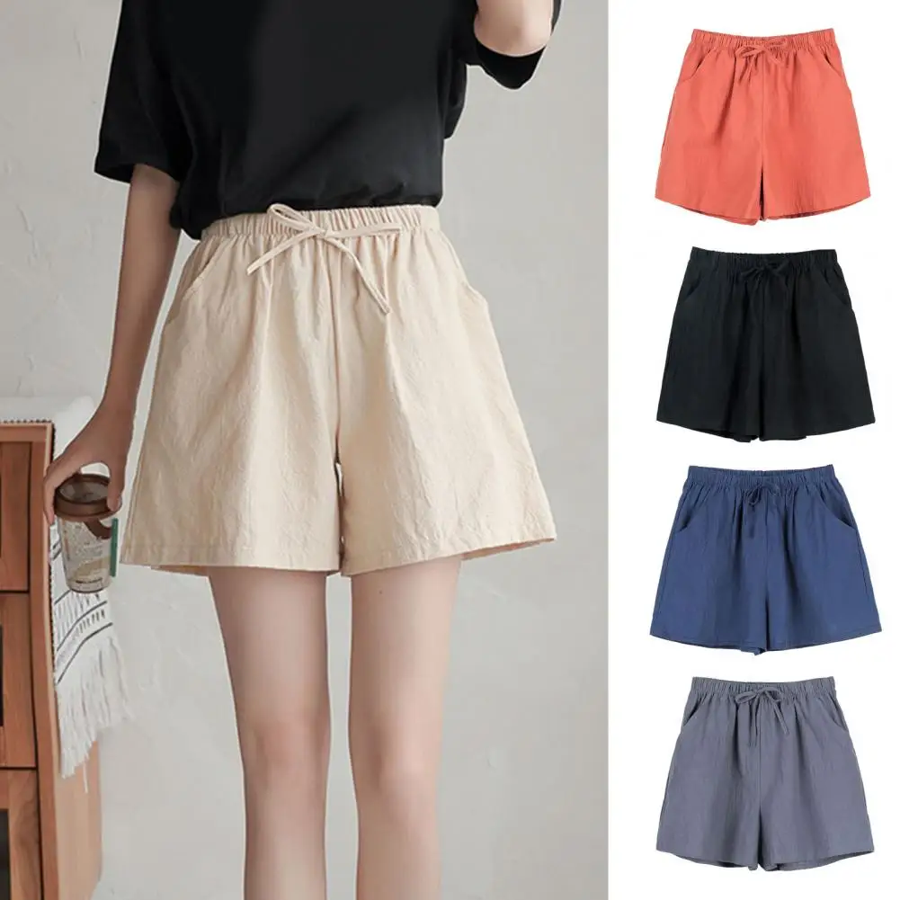 شورت نسائي صيفي غير رسمي برباط بلون سادة من القطن سروال قصير نسائي فضفاض مستقيم للركض ملابس خروج خارجية