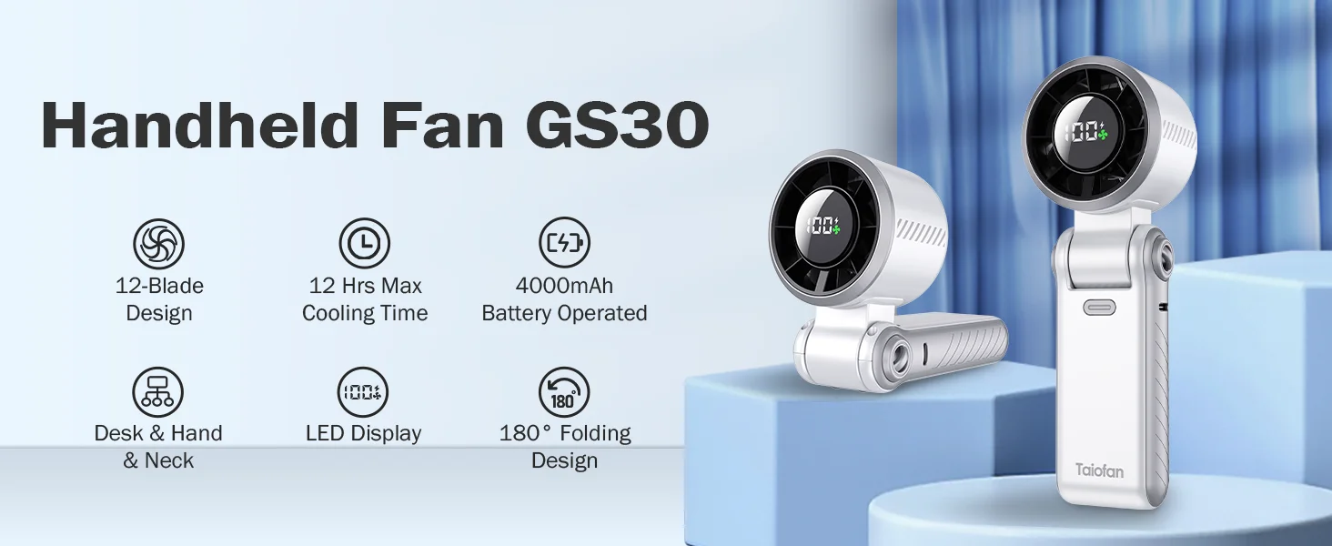 With a Hand-Held Fan Belt, USB-C Rechargeable Personal Fan, Battery-Powered Portable Fan, Mini Pocket Fan Suitable for Women, Men, Makeup, Travel, Office, and Outdoor Use.