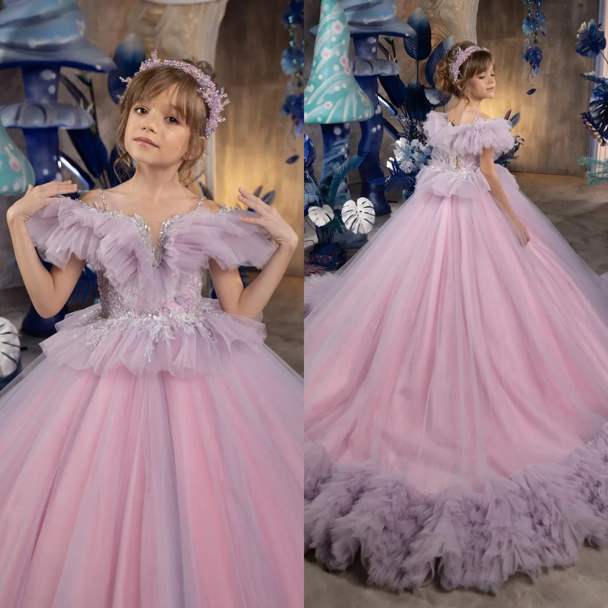 

Quality Luxury Pink Tulle Fluffy Flower Girl Dress Exquisite Applique For Kids Wedding Birthday Party Evening Ball Dresses