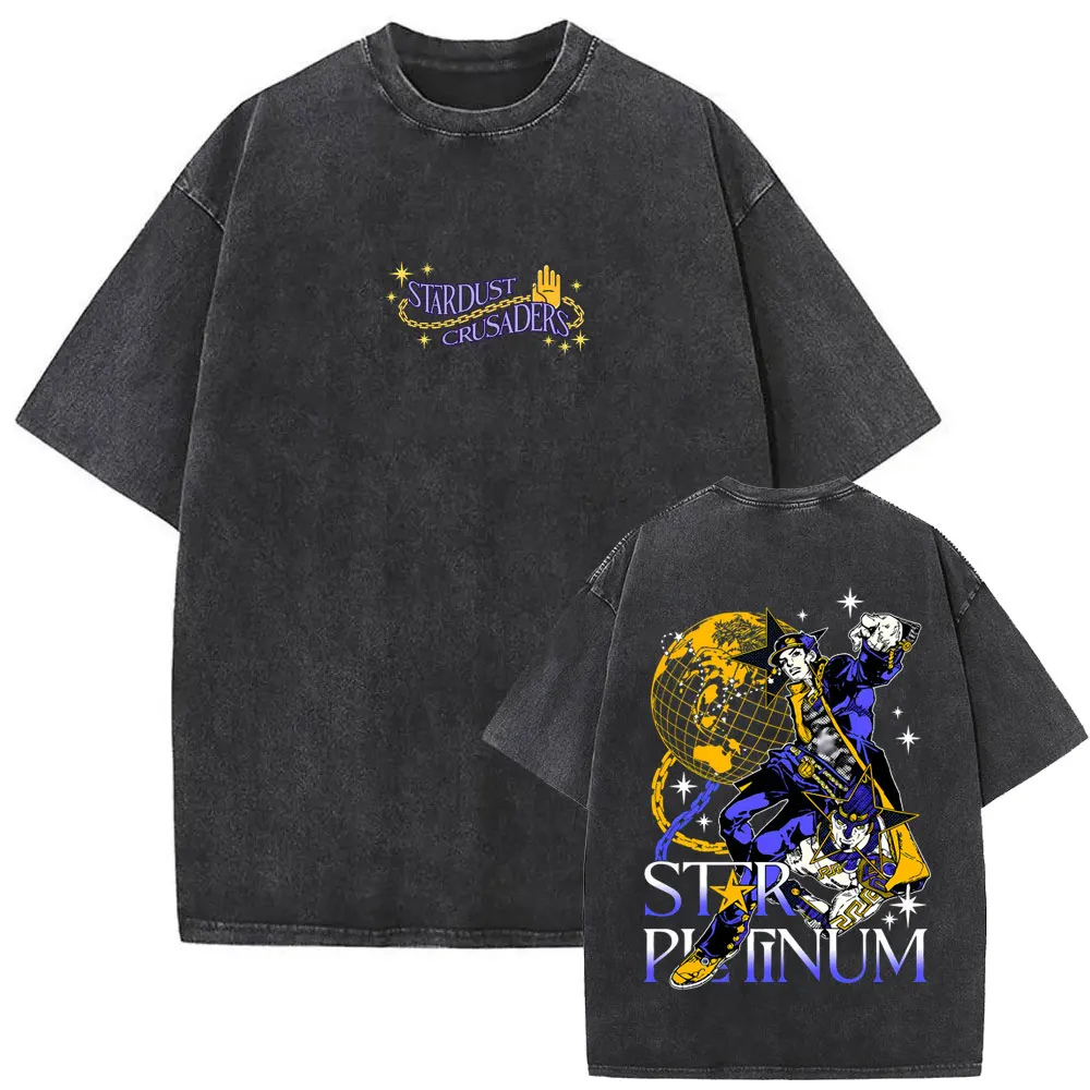 Washed Vintage Anime Jojo Bizarre Adventure T-shirt Manga Jotaro Kujo T Shirt Men Women Cotton Casual Oversized O-Neck T-shirts