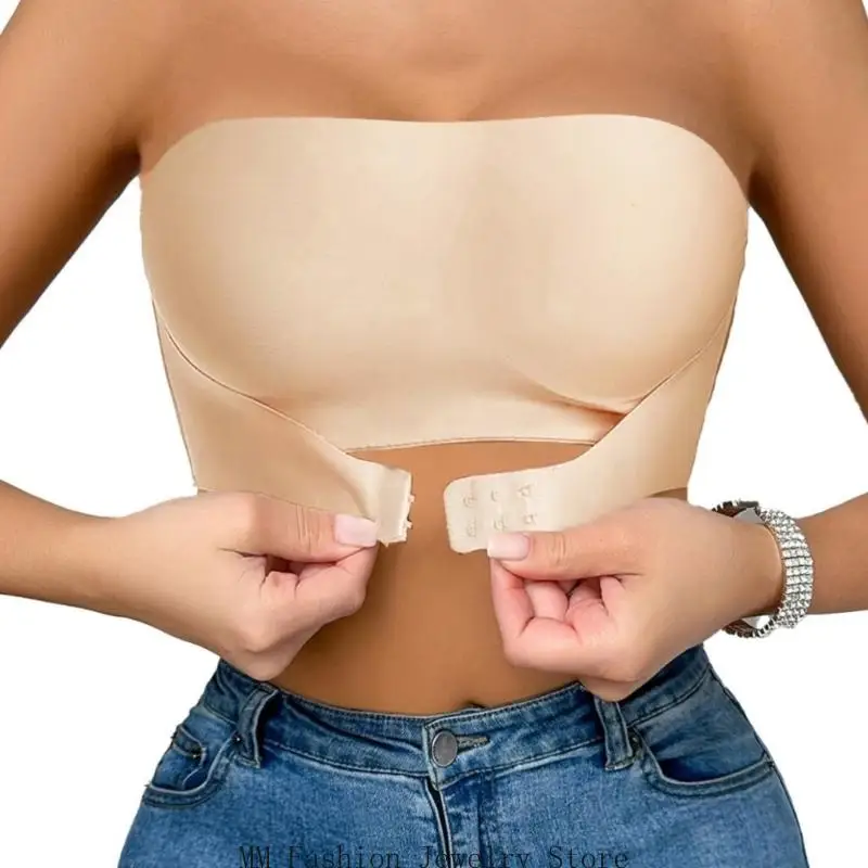 Women Invisible Strapless Front Closure Bra Nonslip Silicone Support Tube Top Push Up Wireless Bandeau for Everyday Wear
