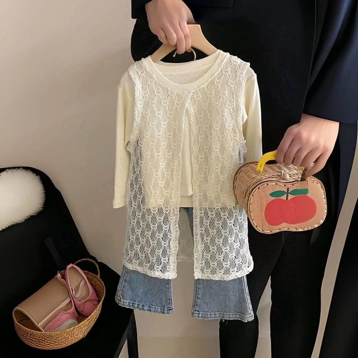 Kids Set 2026 New Spring Korean Lace Skirt Girls Hollow Out Cover Up Top Vest Denim Flared Pants