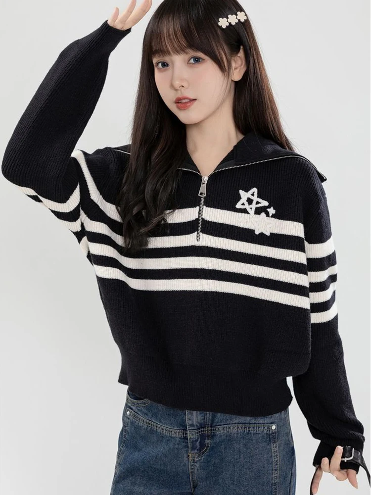 Zoki Preppy Style Striped Sweaters Women Sweet Vintage Star Knitted Pullovers Casual Long Sleeve Zipper Female Cute Japan Tops