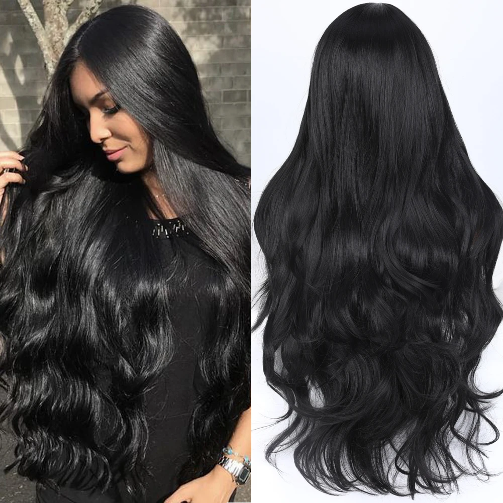 WIGNEE28 Inch Long Body Wave Wig Synthetic Hair Black Wigs for Women Tanie peruki na sprzedaż Wyprzedaż Włókno termoodporne Codzienne użytkowanie