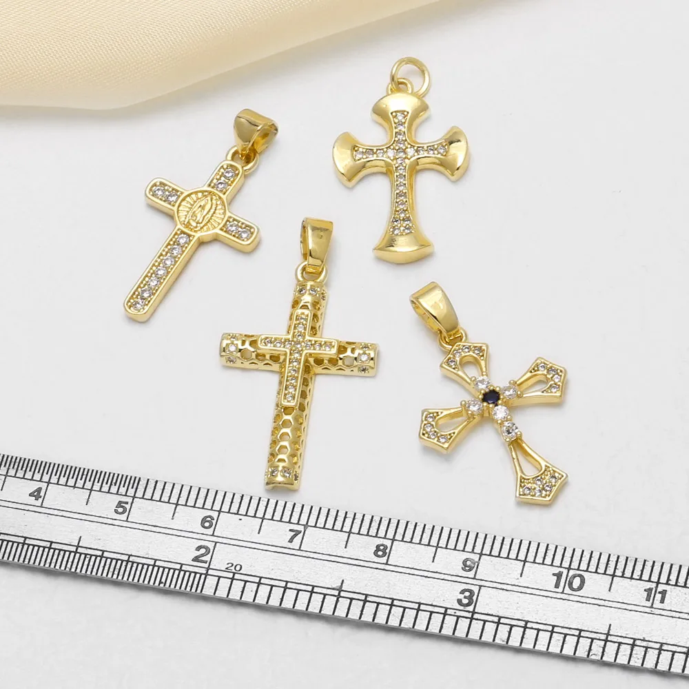 OCESRIO White Crystal Big Cross Pendant for Necklace Copper Gold Plated Virgin Mary Crucifix Jewelry Making Supplies pdta884