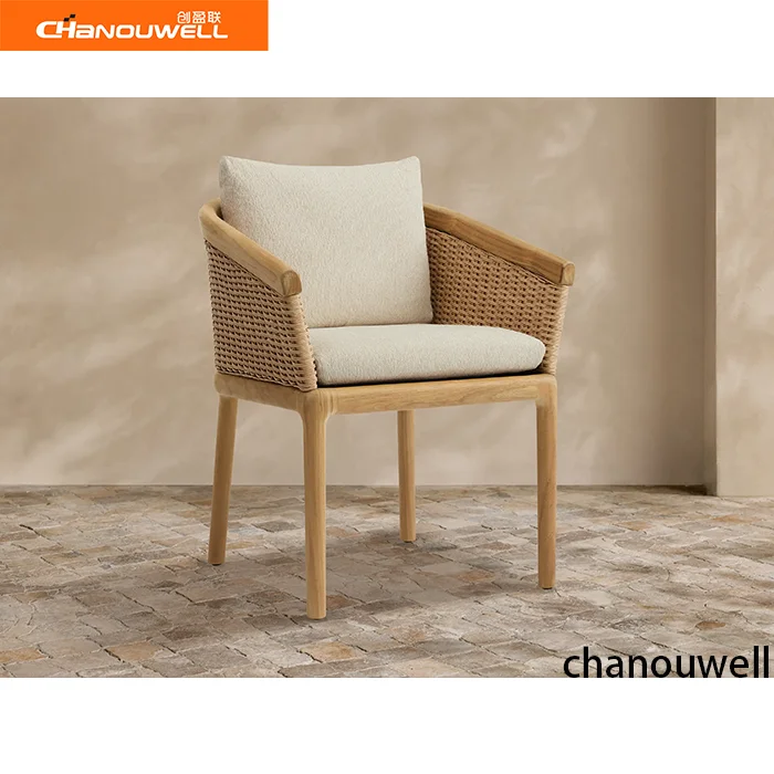Modern Outdoor Teak Dining Chair With All-Weather Wicker & Quick-Dry Cushion-Eco-Friendly Durable Solid Wood Patio Dining Chair