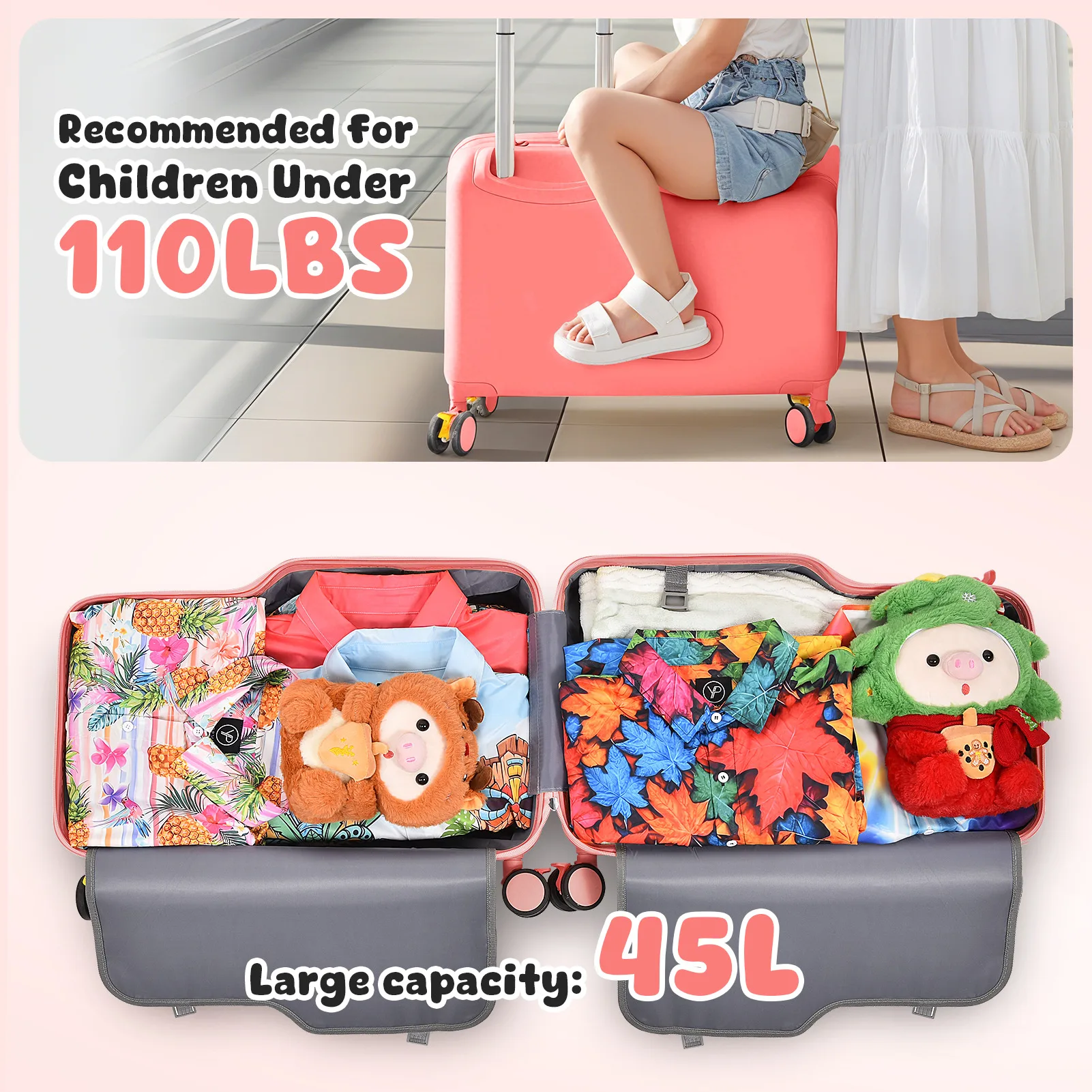 

20 Inch Kids Ride on Suitcase for Toddler Boys Girls, Travel Carrier Cabin Case with Foot Pedal and Safe 3-Point Harness, Lightweight Rideaway Luggage with Smooth Spinner Wheels for Airport Stroller Replacement