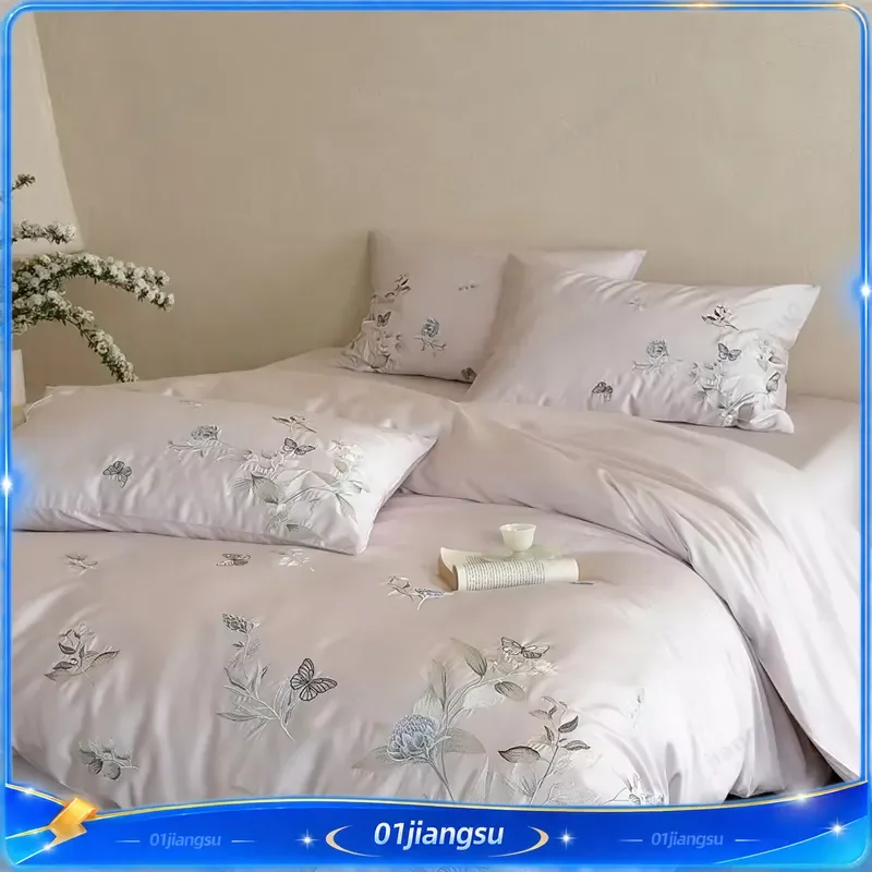 600TC Lyocell Cotton Bedding Set Butterfly Floral Embroidery Silky Soft Duvet Cover Flat Fitted Sheet Pillowcase 4Pcs Luxury