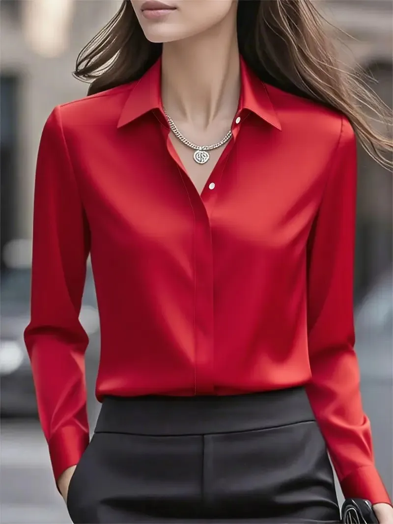 Camisa de manga larga de color sólido para mujer: blusa básica versátil, tops clásicos de oficina